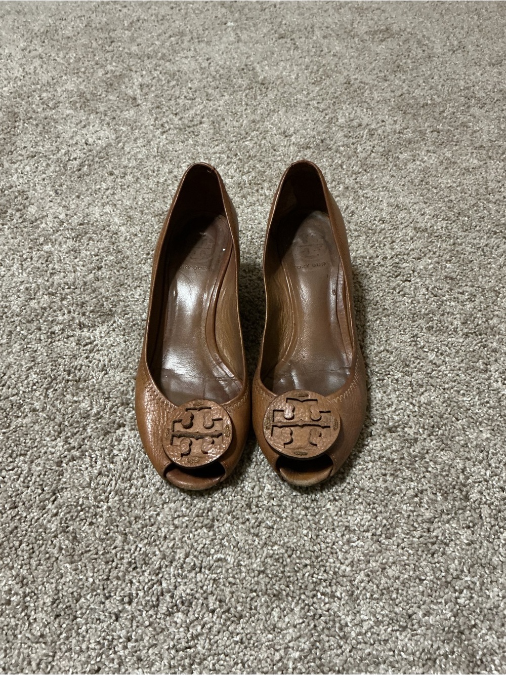 Tory Burch Brown Leather Peep-Toe Heels with Logo Medallion